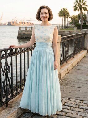 Vintage 1950s Miss Elliette Powder Blue Formal Gown, Romantic Chiffon Evening Dr